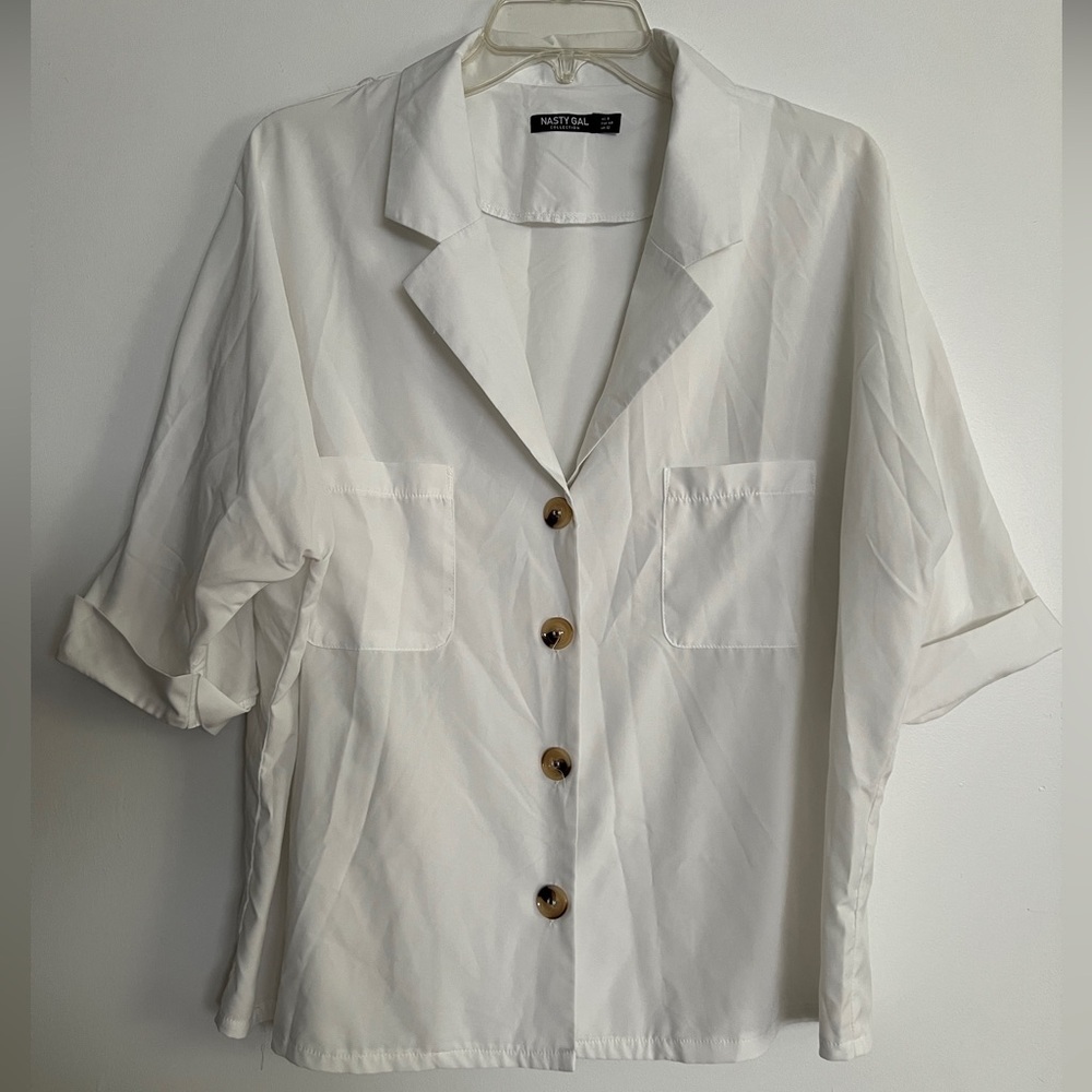 Oversized Short Sleeve Button Down Blouse